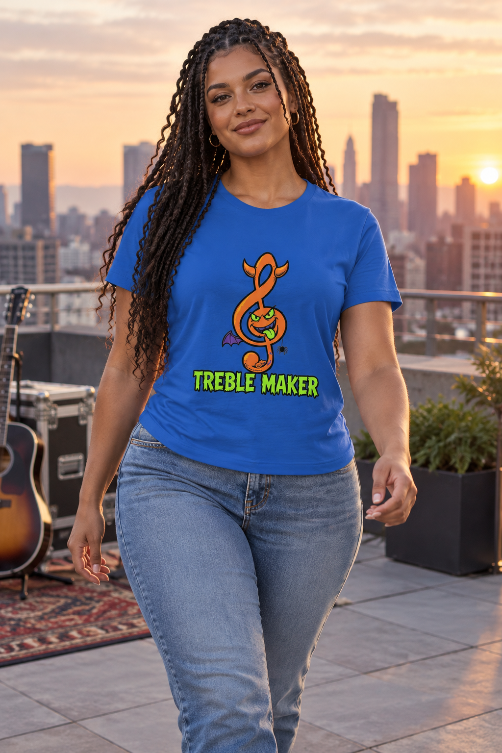 AI-generated editorial photo of HOTFIX 009 Treble Maker Women’s softstyle t-shirt, scene 3