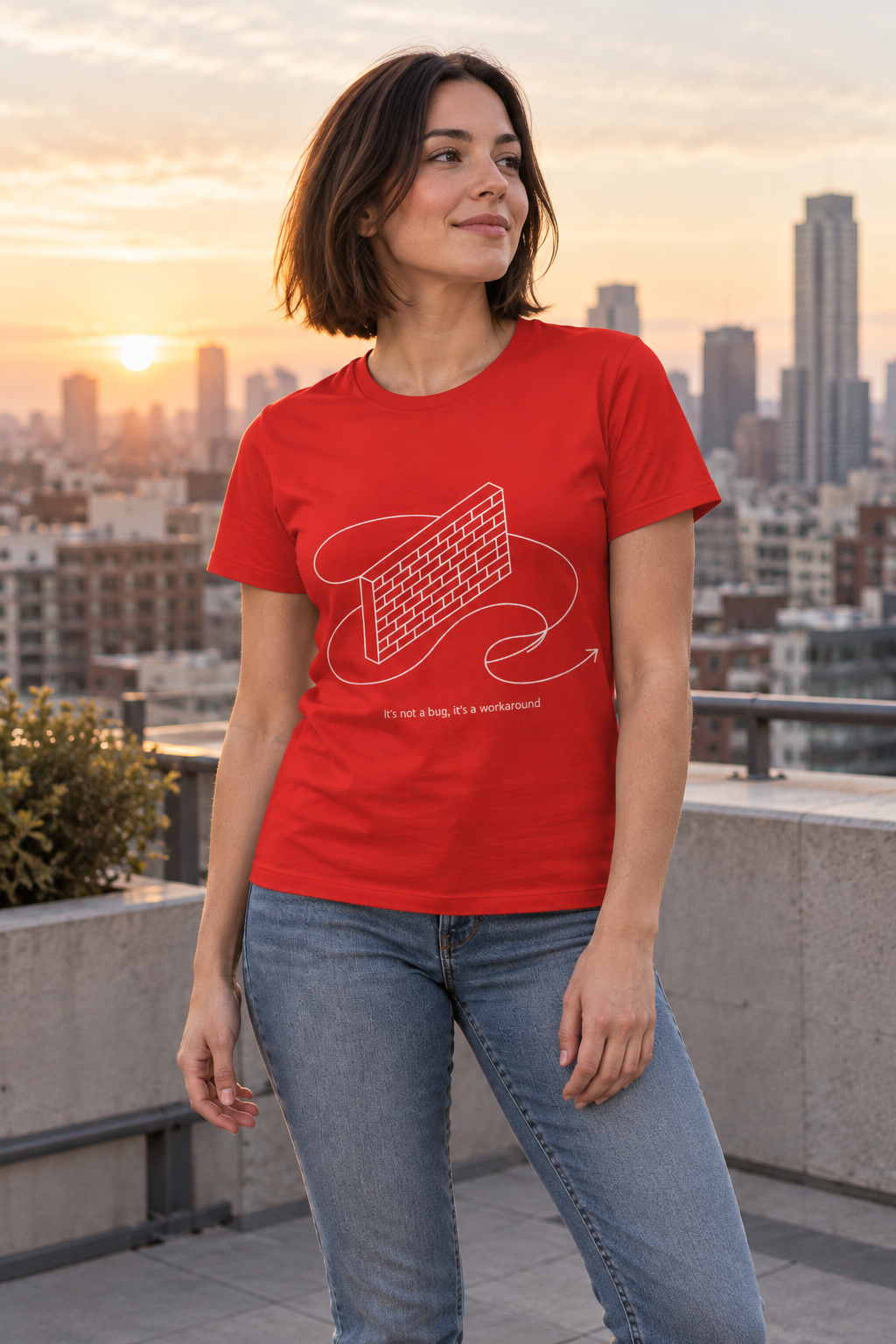 AI-generated editorial photo of HOTFIX 010 WORKAROUND.EXE Women’s softstyle t-shirt, scene 1
