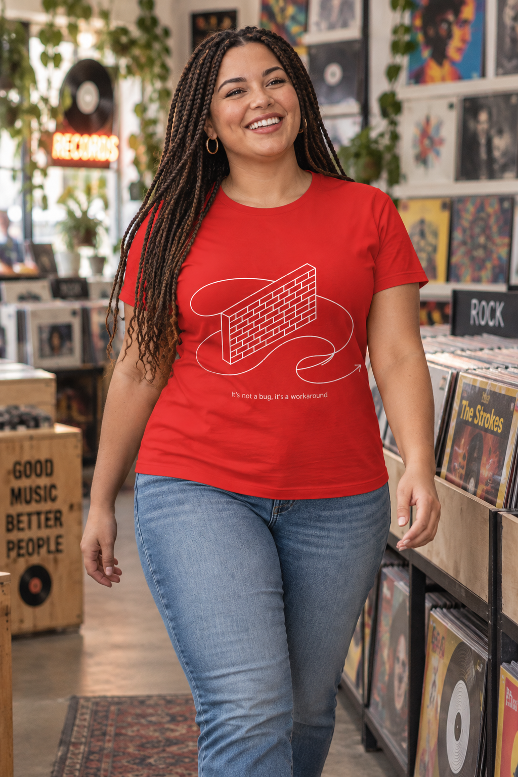AI-generated editorial photo of HOTFIX 010 WORKAROUND.EXE Women’s softstyle t-shirt, scene 3