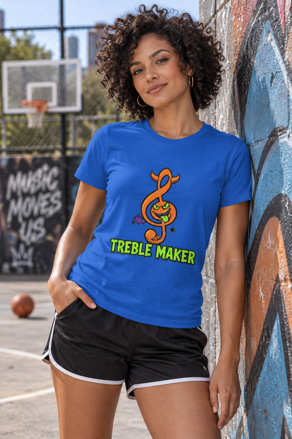 AI-generated editorial photo of HOTFIX 009 Treble Maker Women’s softstyle t-shirt, scene 1