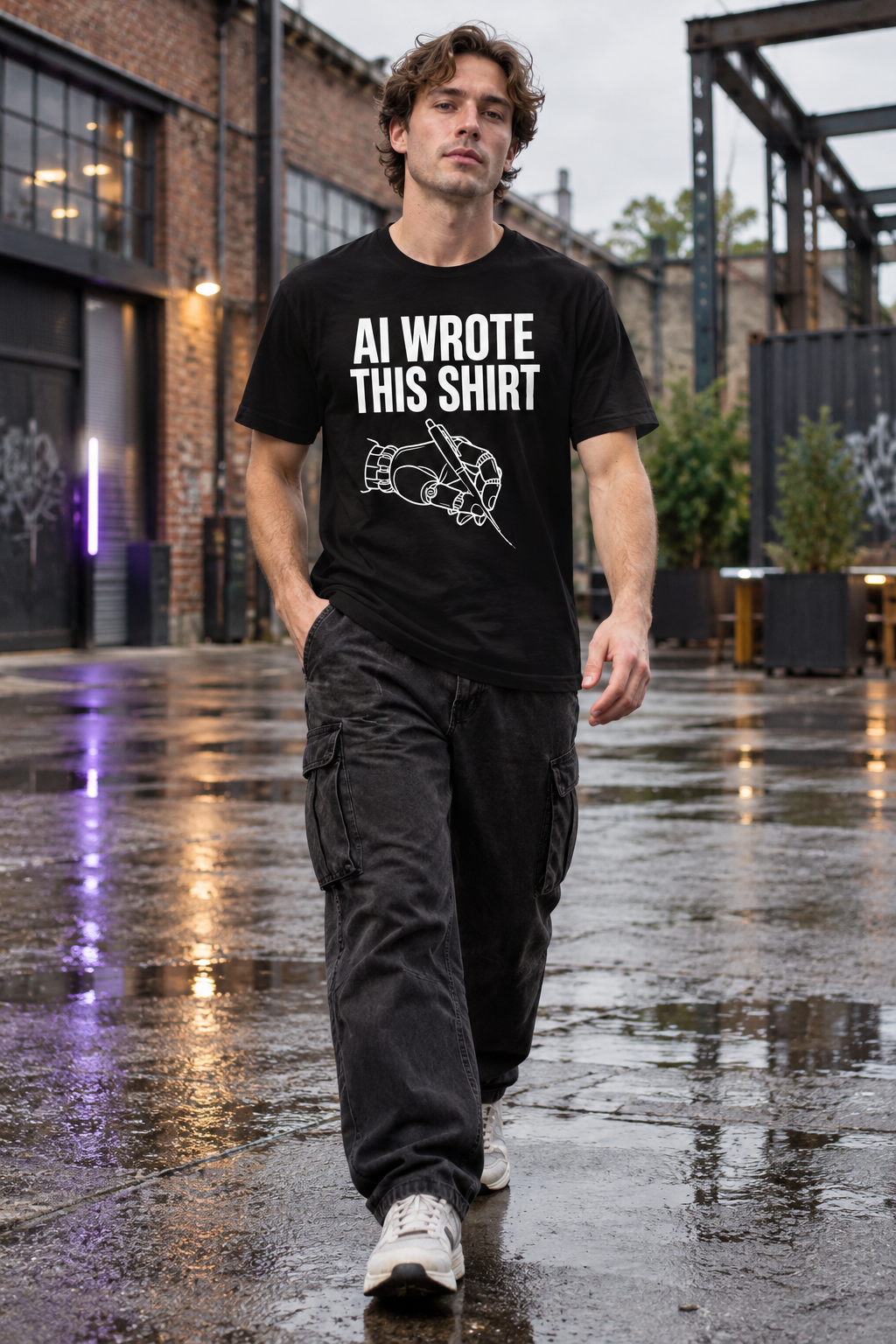 AI-generated editorial photo of HOTFIX 002 AI Wrote This Shirt Unisex t-shirt, scene 1