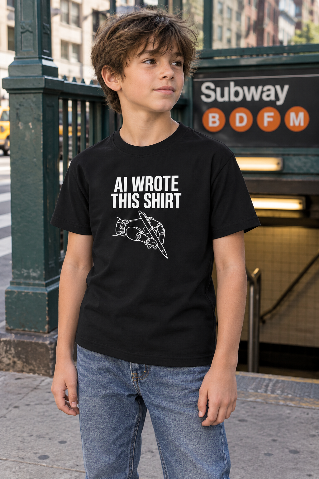 AI-generated editorial photo of HOTFIX 003 AI Wrote This Shirt Youth Short Sleeve T-Shirt, scene 1