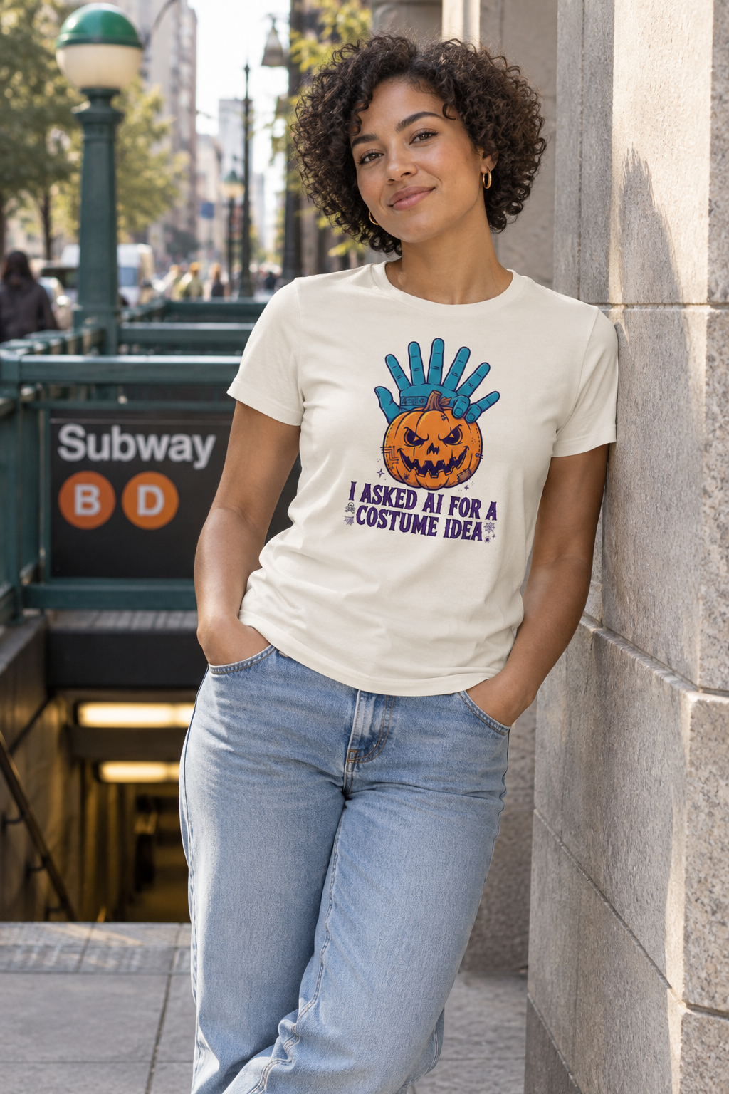AI-generated editorial photo of HOTFIX 008 I asked AI for a costume Women's Relaxed T-Shirt, scene 1