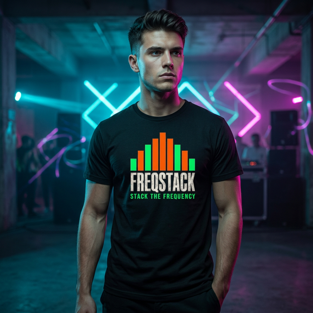 Model wearing the SIGNAL STACK black FREQSTACK tee in a neon-lit underground rave venue