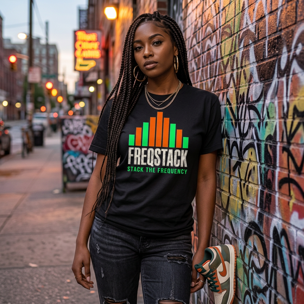 Model wearing the SIGNAL STACK black FREQSTACK tee against a graffiti-covered city wall at dusk