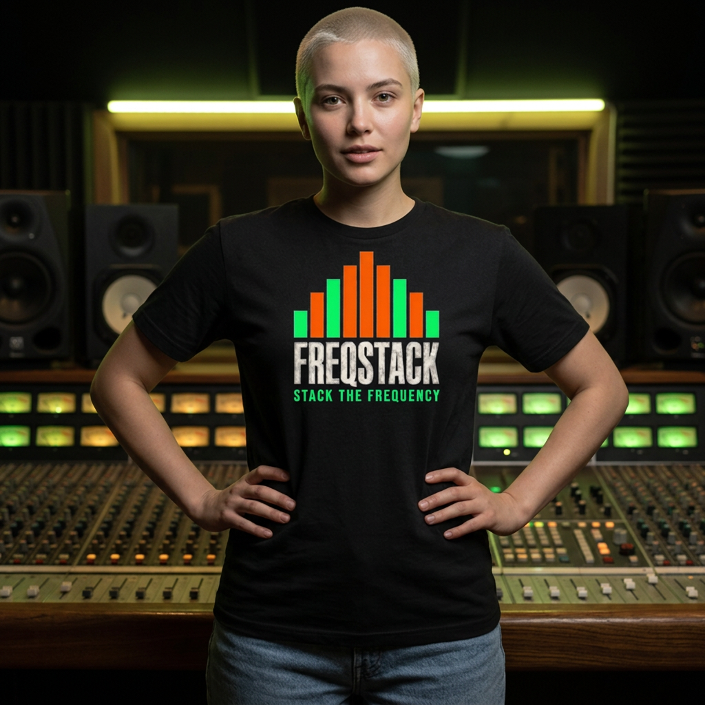 Model wearing the SIGNAL STACK black FREQSTACK tee in a recording studio in front of a mixing console